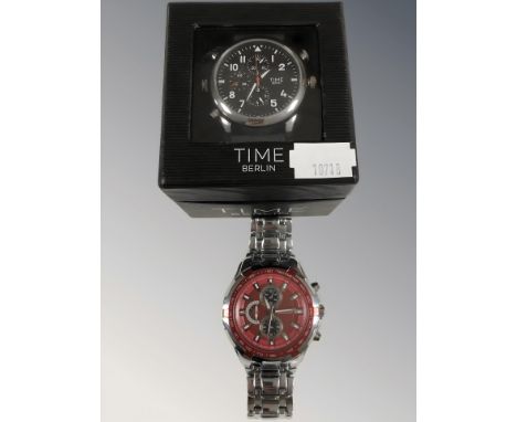 A gent's stainless steel Curren chronometer quartz wristwatch, case 45 mm, and a further Time Berlin chronograph wristwatch, 