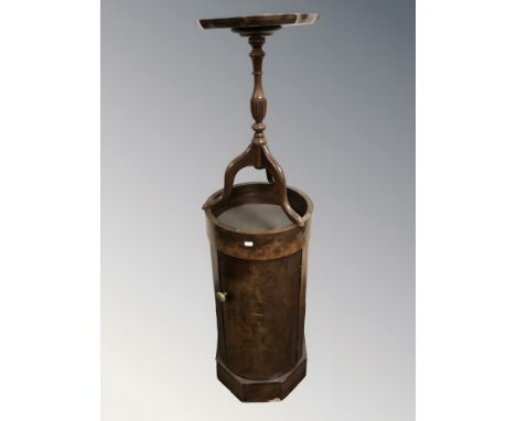 A mahogany cylindrical pot cupboard, height 76 cm, and a reproduction tripod stand / table.