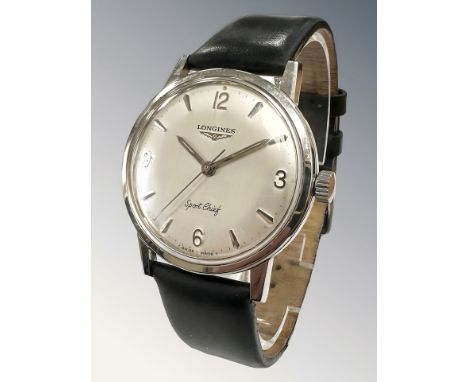 A gent's stainless steel Longines Sport Chief centre seconds wristwatch, silvered dial with Arabic and baton numerals, 17 jew