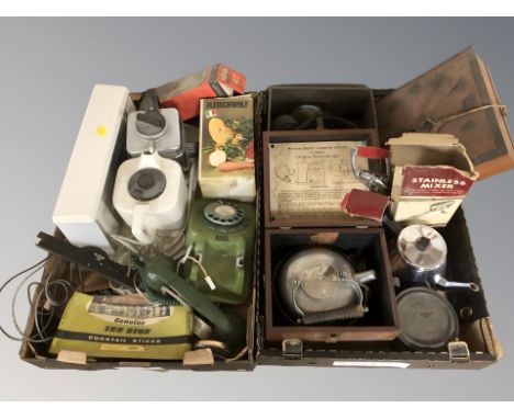 Miscellaneous items including vintage telephone, kitchenalia, wall clock, teasmade, cocktail sticks etc (2 boxes) 