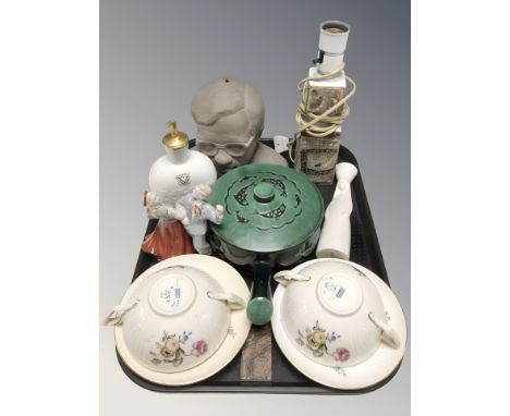 A pair of Royal Copenhagen twin handled porcelain tea bowls and saucers, together with various figures, lamp base, figural mo