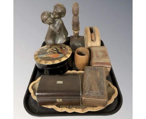 A group of treen including trinket boxes, figures, beaker, etc.