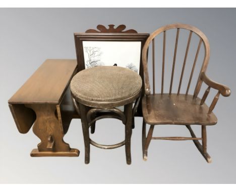 A child's rocking chair, bentwood stool, tapestry fire screen and small drop leaf table 