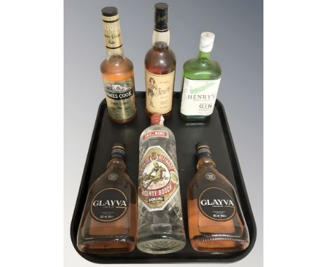 Two bottles of Glayva liqueur, bottle of James Cook Genuine Overseas rum, 71 cl, and three further bottles to include Sailor 