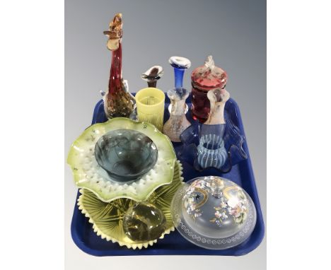 A group of coloured glass vases including two Swedish Aseda examples, further figure of a bird, dishes, paperweight, etc.
