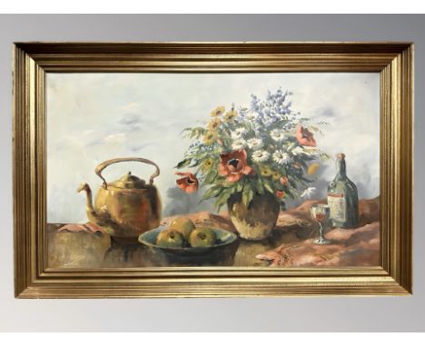 Danish School : Still life with fruit and flowers, oil on canvas, 94 cm x 55 cm.