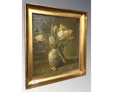 E Thalvigen : Still life with tulips, oil on canvas, 36 cm x 41 cm.