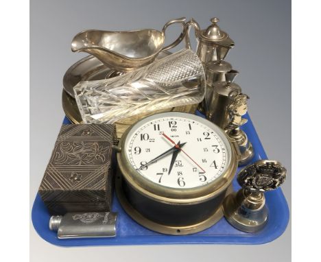 A Smiths brass cased quartz ship's timepiece, further brass plates, EPNS wares, a small hip flask, carved wooden trinket box,
