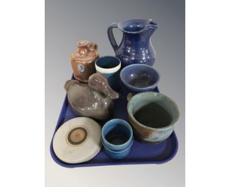 Scandinavian studio pottery wares including jugs, duck ornament, mug and beaker, etc.