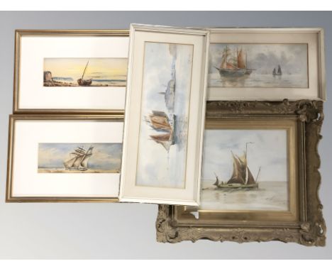 Twentieth century School :  Fishing boat in calm waters, watercolour, 20 cm x 25 cm together with a pair of R Warren watercol