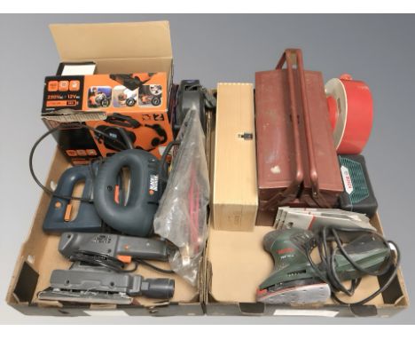 A group of power tools including Black & Decker, Bosch, concertina tool box, etc. (2 boxes)