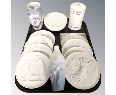 Two Royal Copenhagen porcelain vases, further relief wall plates, cylindrical jar and cover, etc.