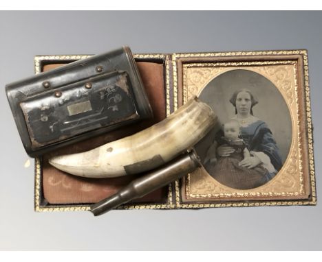 A Victorian daguerreotype in gilt frame, together with a snuff box, a large tooth labelled crocodile and a bullet casing.