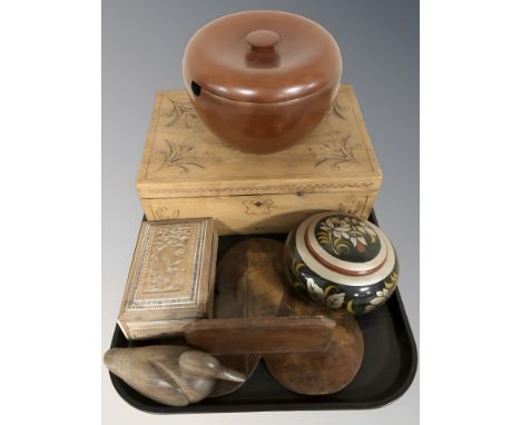 A carved wooden jewellery box and further trinket boxes, wall shelf depicting an owl, lacquered circular bulbous lidded pot, 