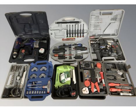 A group of cased tools including drills, screwdriver sets, socket set, etc. (1 box)
