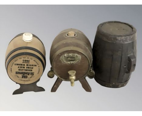 Two miniature oak kegs, one marked 'Gin', and a further plastic keg.
