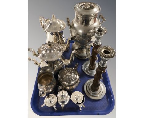 A group of EPNS tea wares, cruet set, pair of oak barley twist candlesticks, etc.