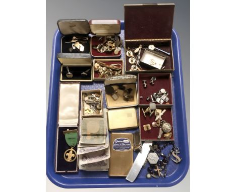 Assorted cufflinks, dress studs, further costume jewellery, cigarette cases, a small quantity of bank notes, etc.