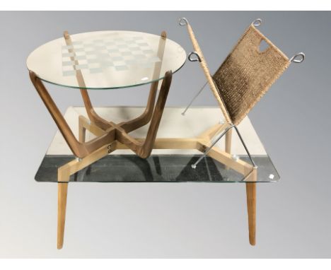 A contemporary oak and glass rectangular coffee table, length 100 cm together with a further chess board table and metal and 