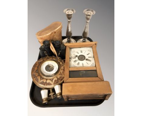 A pine mantel clock, carved wooden barometer, pair of Kalimar 8x30 binoculars, pair of EPNS candlesticks and a pair of opera 