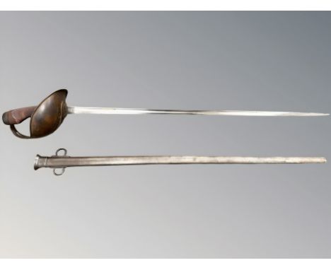 A British 1908 pattern cavalry trooper's sword, the 88.5cm single-fullered blade with various proof and unit markings includi