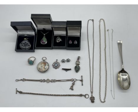 Collection of HM Silver Jewellery and other, to include Ruby Zoisite Necklace Pendant, Earring and Ring Set, Fob Watch Chains