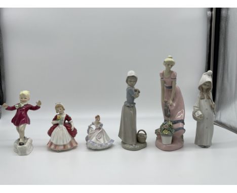 Six Assorted Figurines to include Royal Worcester, Royal Doulton, NAO, and others. 
Some figurines are damaged, please see th