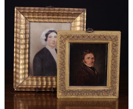 Two 19th Century Gilt Framed Miniature Portraits: An oil on canvas mounted on board; head and shoulders portrait of a gentlem