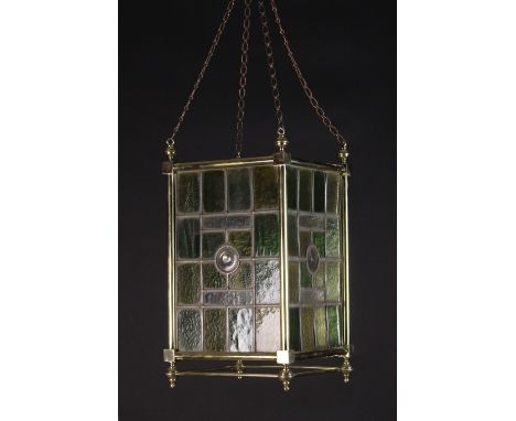 A Square Brass Framed Hanging Lamp Shade with stained & leaded glass sides. The corners surmounted by ball finials hanging fr