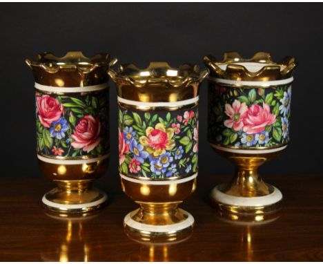 A Set of Three Sicas Sesto Fior Italian Vases having gold lustre glazed pedestal bases and flared rims with scalloped  edges.