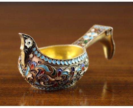 An Early 20th Century Russian Silver & Enamel Kovsh, 11th Artel, 3¼ ins (8 cms) in length,