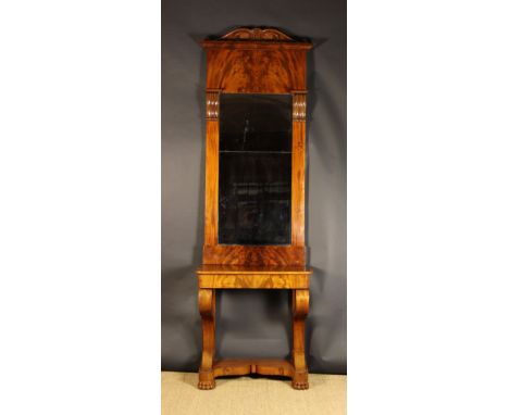 A Fine 19th Century Pier Mirror with Console.  The tall rectangular mirror below a recessed flame figured dome-topped panel a