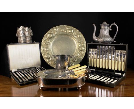 A Collection of Silver Plated Ware to include a heated Sheffield plated Meat Dish with jus reservoir and turned ebony handles