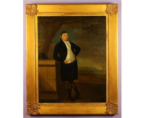 A Regency Oil on Canvas: Full Length Portrait of a Gentleman in landscape leant against a wall, with a boat in the distance. 