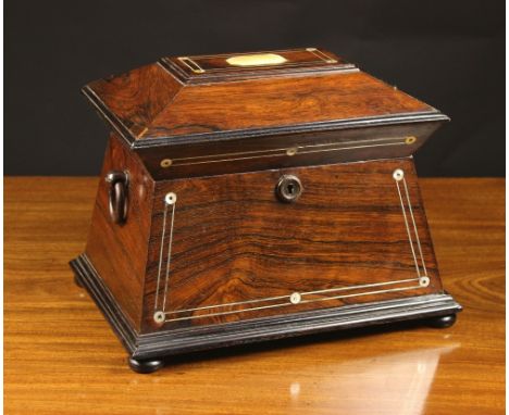 A Victorian Rosewood Work Box of rectangular sarcophagus form inlaid with mother-of-pearl stringing and a plaque to the centr