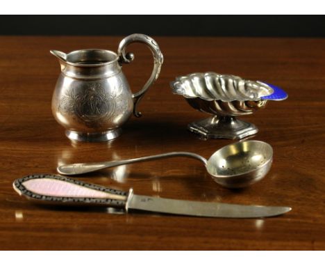 Four Pieces of Russian Silver: A sifting spoon with Fabergé stamp. A scallop shell salt dish with cobalt blue enamelled lip h