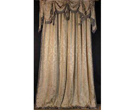 Three Pairs of Fine Quality Curtains made from a silky golden-cream damask fabric jacquard woven with floral designs and edge