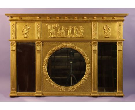 A 19th Century Overmantel Mirror with Neo-Classical Decoration. The cavetto moulded top adorned with a row of ball appliqués 