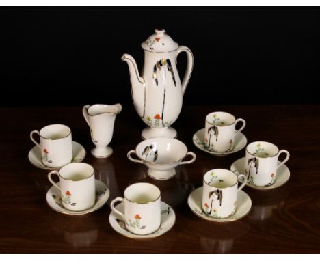 A Royal Doulton Art Deco Coffee Set decorated with stylised tree and flowers and comprising of a baluster coffee pot, cream j