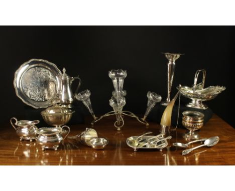 A Good Collection of Silver Plated Wares to include; an Edwardian Epergne with five cut & etched glass trumpets in a scrollin