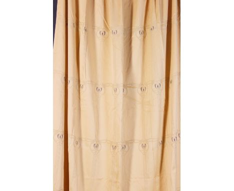 Three Pairs of Lined Curtains woven with an Art Nouveau style design on a yellow ground. The curtains 54 ins (138 cms) wide, 