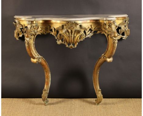 A 19th Century Louis XV Style Carved Giltwood Console Table. The grey veined Carrara marble top (A/F) having a moulded edge a