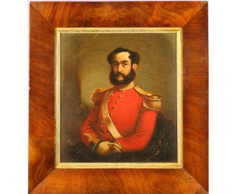 An Oil on Board: Half Length Portrait of a Military Gentleman wearing a scarlet jack with tasselled gold epaulettes, sash and