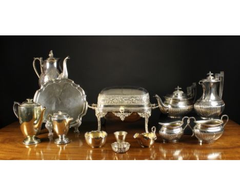 A Good Collection of Silver Plated Wares: A semi-reeded four part Sheffield tea-service comprising of teapot, hotwater jug, m