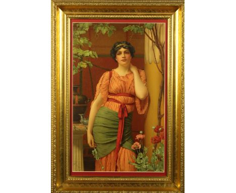 A Framed Print after W. Godward. Portrait of a classical maiden with poppies, 19½ ins x 11¾ ins (50 cms x 30 cms), in a glaze