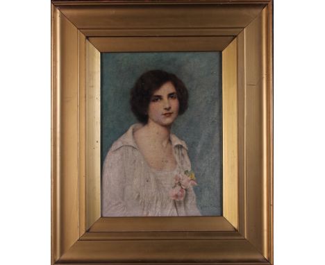 Four Gilt Framed Art Deco Pictures: Two oleographs on canvas; a half length portrait of a lady signed Gustave Courtois, and a