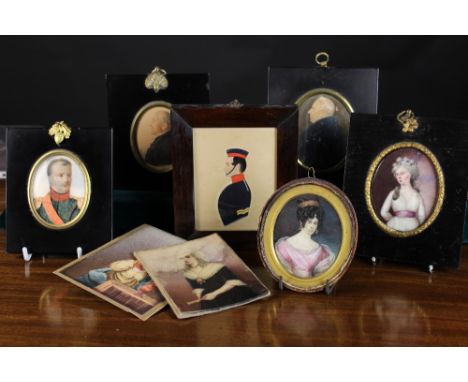 A Collection of Eight 19th Century Miniature Portraits: A profile bust of a soldier signed W Murray fecit 1852, 4½ ins x 3¼ i