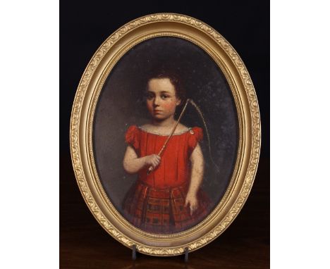 A Small 19th Century Oval Oil on Board: Three quarter length portrait of a young girl with whip, 7½ ins x 5½ ins (19 cms x 14