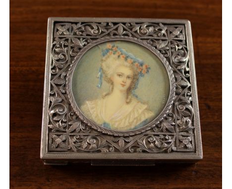 A Russian Silver Compact Case. The square lid centred by a hand painted portrait roundel depicting an 18th century lady weari