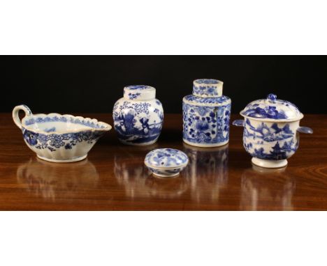 Five Pieces of 19th Century Chinese Blue & White: A cylindrical tea caddy with lid (A/F) and four character dynasty mark to t